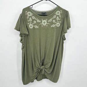 Torrid Embroidered Floral Tie Front Top Size 2 Olive Green Boho Cottagecore